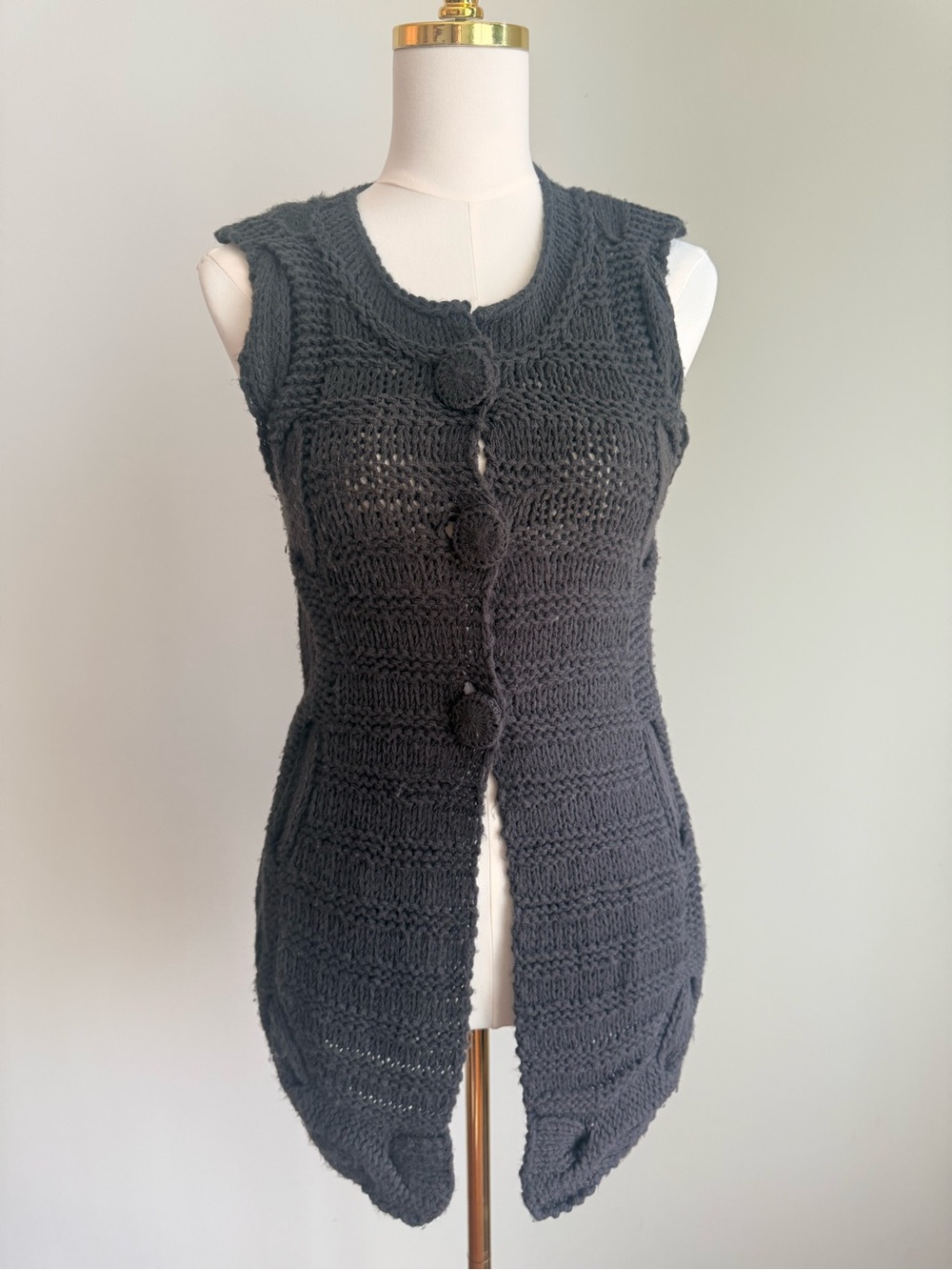 Handmade Black Crochet Sleeveless Long Vest with Pom Buttons